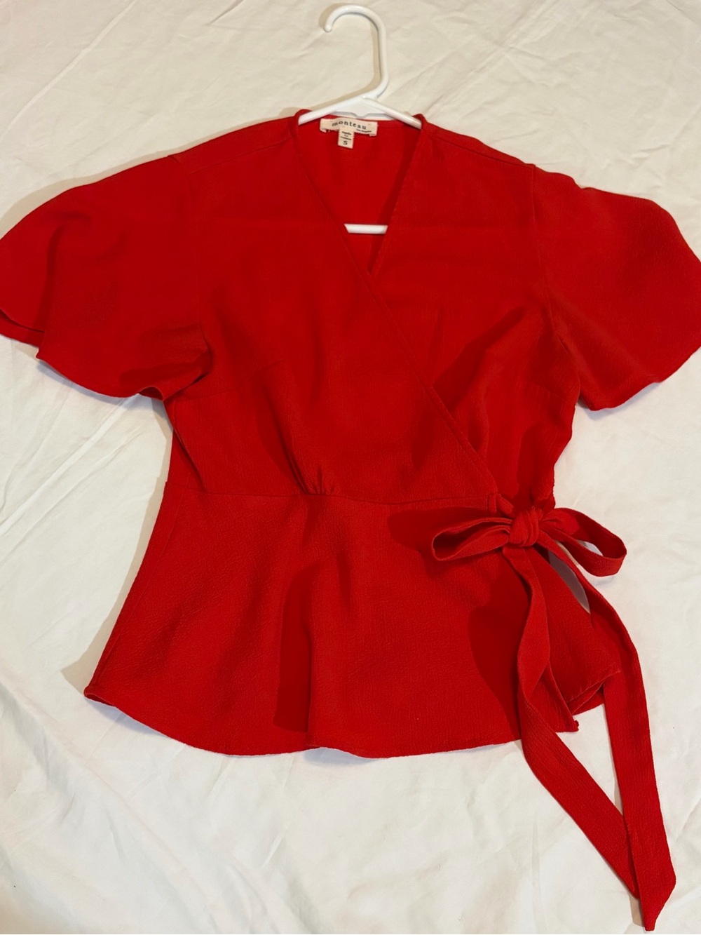 Red Wrap-style Peplum Blouse by Monteau